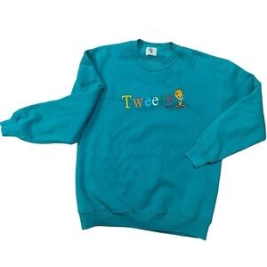 VTG Disney Turquoise Tweety Spell Out Crewneck Sweatshirt Size M/L